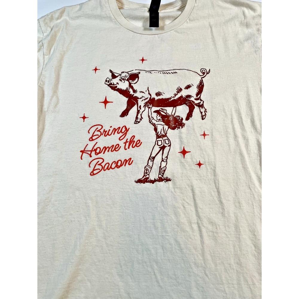Gildan T-Shirt Unisex Large Cream Bring Home the Bacon Graphic Cowgirl Pig Soft - Picture 2 of 8